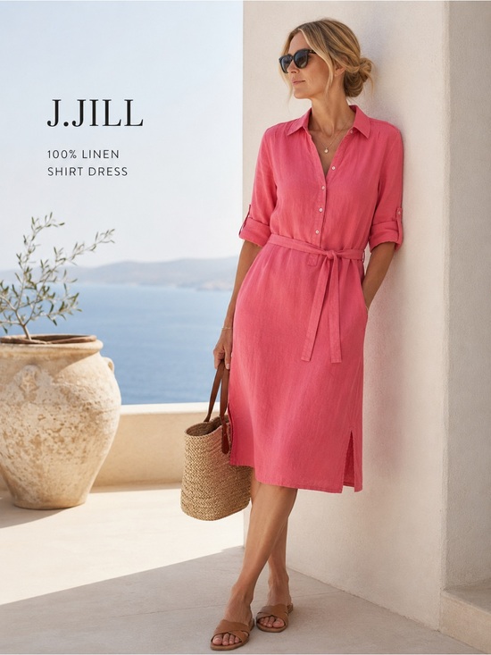 J. Jill Dresses & Skirts - J. Jill 100% Linen Coral Blush Belted Shirt Dress Medium M